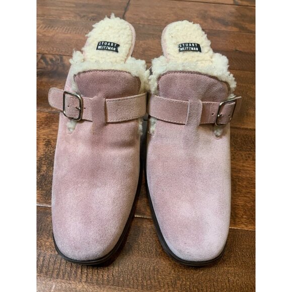 Stuart Weitzman Pink Suede Lambswool Lined Mule Heels Buckled, Size 7.5 - Picture 2 of 8